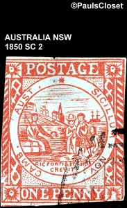 AUSTRALIEN NSW 1850 SC 2 SIEGEL DER KOLONIE ROT 1p GEBRAUCHT, IMPERF VG/F - Bild 1 von 2