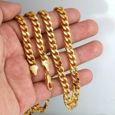 Cadena de eslabones cubanos sólidos de 6 mm, 8 mm y 10 mm enchapados en oro de 24" 14K Hip Hop para hombres Moda Foto 1 de 4