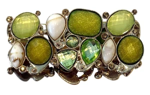 Chunky Faux Peridot Stone and Gold Crystal 2" Wide Stretch Statement Bracelet 8" - Picture 1 of 5