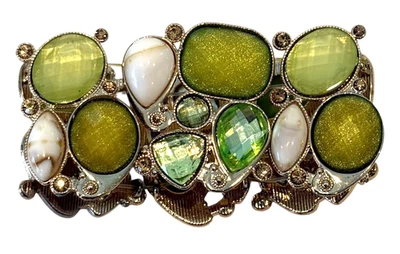 Chunky Faux Peridot Stone and Gold Crystal 2" Wide Stretch Statement Bracelet 8" - Image 1 of 4