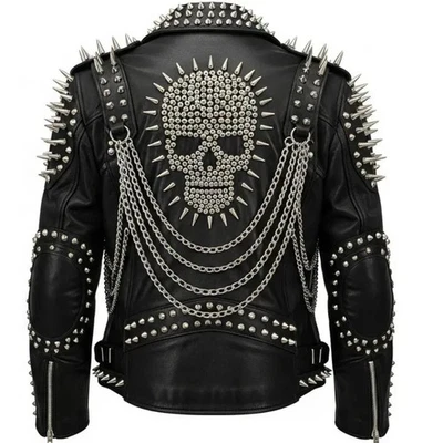 Chaqueta de motociclista de cuero con clavos y tachuelas: motivo de calavera, ropa exterior punk gótica 100 Foto 1 de 3