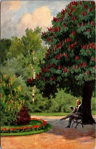 LESENDER MANN AUF PARKBANK Deutsch Amerikanische Neuheit KUNST Serie Postkarte - Bild 1 von 2