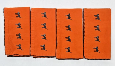 Crate and Barrel Halloween Napkins Set 4 Orange Embroidered Black Cats - Image 1 of 4