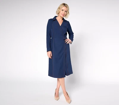 ISAAC MIZRAHI LIVE Estate Timeless Twill Wrap Midi Платье ТЕМНО-СИНЕЕ размер 16 - Изображение 1 из 3