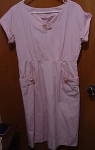 50s-60’s Vintage A-Line Summer Day Dress Pink Cotton Button Accents Pockets w30 - Picture 1 of 6