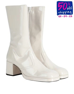 RRP€420 MIISTA Leather Knee Boots US9.5 UK7 EU40 Ivory Patent Heel — 第 1/4 张图片