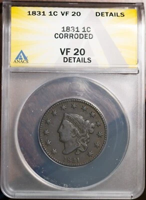 Centavo grande Coronet 1831 1c en estado bastante bueno 20 detalles nuevo ANACS # 7490129 + Bonus Foto 1 de 2