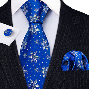 Mens Christmas Ties Navy Blue Snowflake Jacquard Silk Necktie Set Xmas Festival