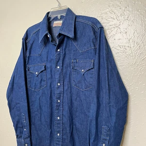 Vintage Sears Western Wear Shirt Mens L Blue Denim Pearl Snap Long Sleeve - Picture 1 of 14