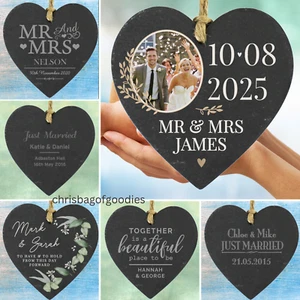 PERSONALISED Novelty SLATE HEART SIGN MR MRS Gifts for WEDDING and ANNIVERSARY - Picture 1 of 9