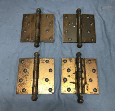 Juego de 4 bisagras de puerta Stanley Sweetheart de colección extremos de punta de bola de 4" x 4" antiguas 505-25B Foto 1 de 4