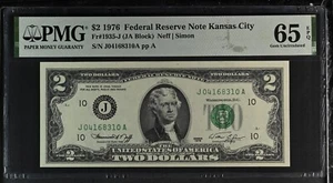 1976 $2 Federal Reserve Note, Fr#1935-J PMG 65 EPQ Gem UNC, S/N J04168310A - Picture 1 of 2