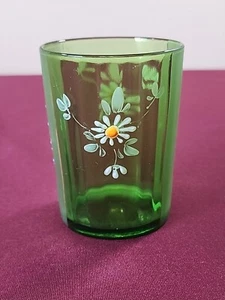 Victorian Hand Painted Enamel Green Glass Ribbed Tumblers Antique EUC - Picture 1 of 8