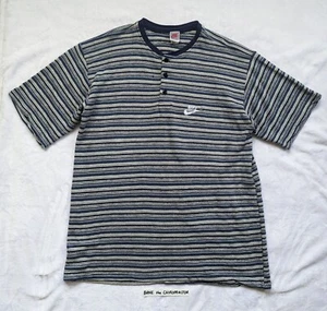 Vintage 90s NIKE USA Made Embroidered Logo Oversized Striped Knit Henley Shirt L - Picture 1 of 9