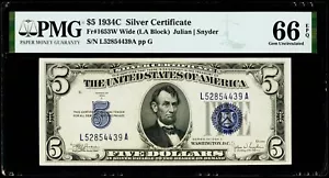 $5 1934C Silver Certificate Fr#1653W Wide (LA Block) PMG 66 EPQ Gem Uncirculated - Picture 1 of 3