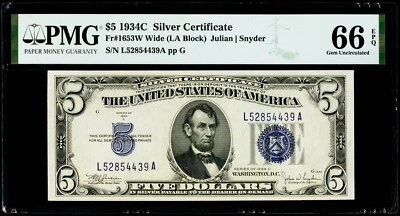 $5 1934C Silver Certificate Fr#1653W Wide (LA Block) PMG 66 EPQ Gem Uncirculated - Image 1 of 3