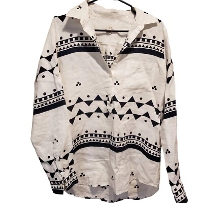 Camisa popover de linho estampa tribal J Crew tamanho médio preta branca linha manga longa - Imagem 1 de 4