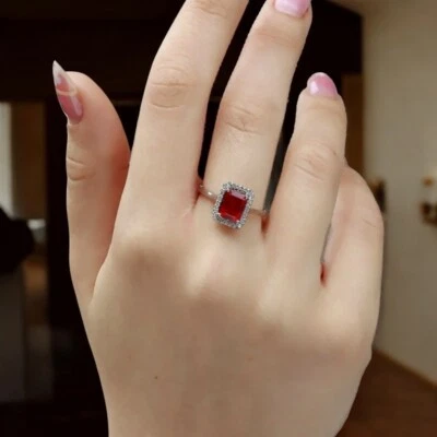 Engagement Ring 18K White Gold Emerald Cut Ruby Lab Grown Diamond 1.76 Ct E F VS - Image 1 of 4