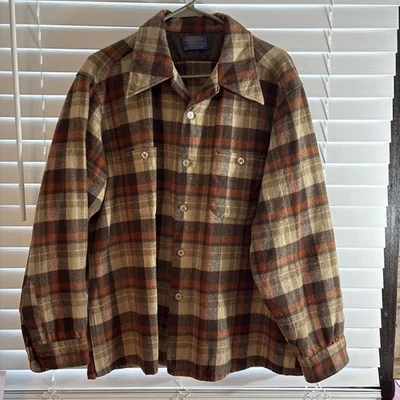 Camiseta De Colección Pendleton XL Lodge Años 60/70 Cuello Lazo Lana Pura Cuadros Marrón Óxido EE. UU. Foto 1 de 4