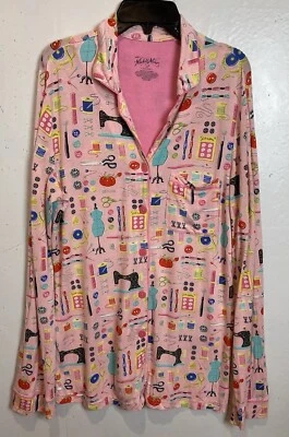 Nick & Nora Pink Sewing Theme Knit Button Front Pajama Top Seamstress Womens XS - Image 1 of 4