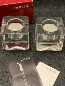 VTG Orrefors Crystal Candle Votive MCM Regency Sweden Cube Holiday Retro Pair - Picture 1 of 21