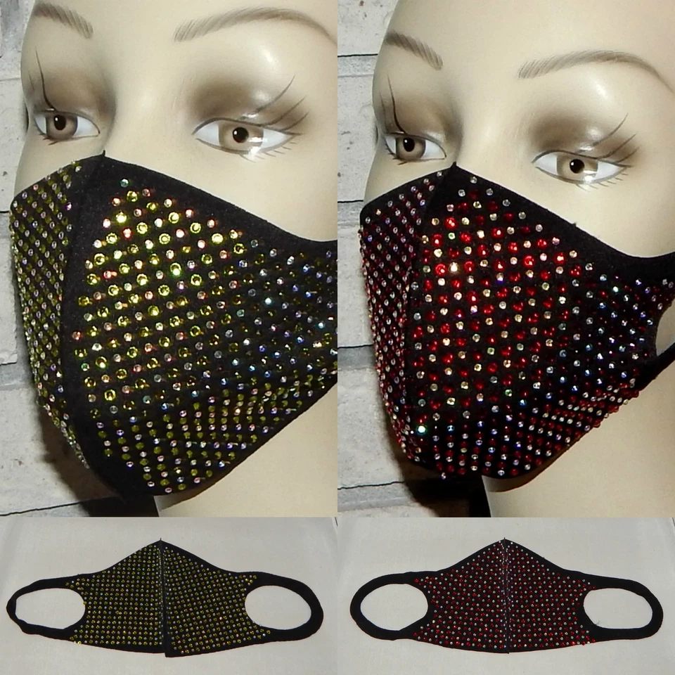 LOT OF 2 SPARKLE GREEN/CLEAR & RED/CLEAR BEAD WASHABLE STRETCH FACE MASK INDIANA - Image 1 of 1