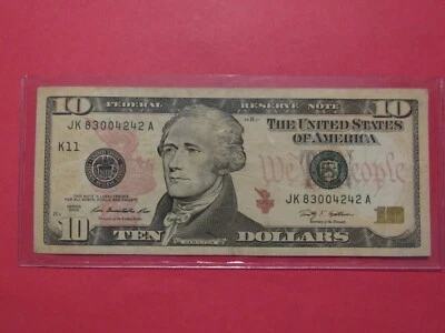 2009 $10.00 REDERAL RESERVE NOTE  !! GREAT SERIAL # JK83004242A !!  (#23) - Image 1 of 2