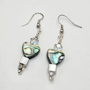Vintage Blue Abalone Heart Dangle Artisan Earrings Ab Crystal Rhinestone Hook - Picture 1 of 3