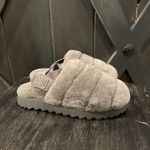 UGG Super Fluff Pantofola Sandalo Slide in Pelliccia di Agnello Grigio Donna Taglia 9 Nuovo con scatola