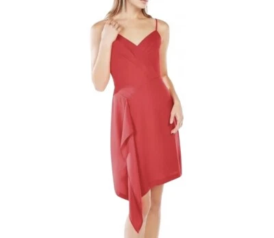 Vestido BCBG Max Azria Cornelia 2 Rojo Bayas Crepé Cascada Volantes Funda Nuevo con Etiquetas $248 Foto 1 de 4
