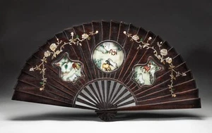 Chinese Rosewood Fan Shape W/Hand Painted Porcelain Inlay Panels - Wall Hanging - Picture 1 of 12