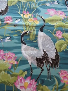 Aqua Water Pond Pink Water Lilies  And White Cranes  Cotton Fabric Kona Bay - Picture 1 of 1