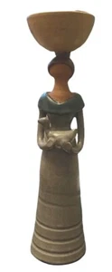 "Impresionante escultura de arcilla cerámica mujer india 15""x4"" canasta y pájaros tonos tierra" - Imagen 1 de 8