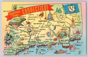 Cartolina Saluti Dal Connecticut Mappa di Stato Bandiera Fiore Uccellino Non Spedita JF1.59 - Foto 1 di 2