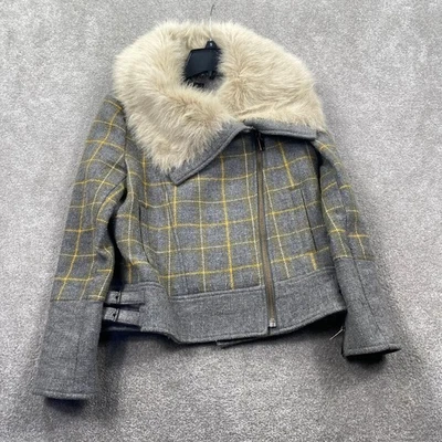 Chaqueta de moto Banana Republic Petite S a cuadros cuello de piel sintética mezcla de lana gris Foto 1 de 4