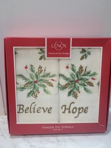 Set 2 NEW Lenox EMBROIDERED FINGERTIP TOWELS Hope & Believe BOXED finger tip - Picture 1 of 4