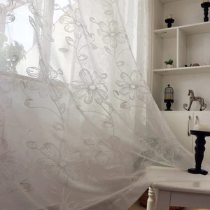 Set of 2 Panels White Flowers Sheer Curtain Faux Linen Semi Sheer Window Curt... - Picture 1 of 6