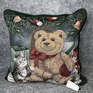 Newport Tapestry Christmas Decor Pillow Christmas Pals 16" X 16" Bear Ball Cat - Picture 1 of 7
