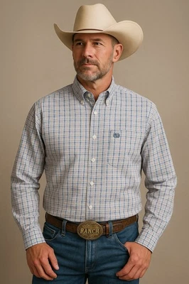 Camisa Cinch Para Hombre Pequeña Con Botones Blanca Azul Gris A Cuadros Nueva Sin Etiquetas Western Informal Foto 1 de 4