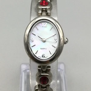 Rote Kristalle Armband Uhr Damen 20 mm silberfarben MOP oval neue Batterie 7" - Bild 1 von 16