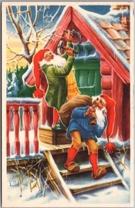 Swedish CHRISTMAS Postcard Gnome / Tomte / Horseshoe over Door Artist "L.C." - Picture 1 of 2