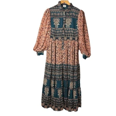 Aureum макси крестьянское платье чистый с подкладкой пейсли воздушный шар рукав богемное коттедж XS - Изображение 1 из 4