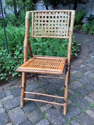 Vintage Tortoise Shell Bamboo Cane Back Fold Up Dining Chair 34” X 18” MCM Rare - Image 1 of 4