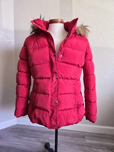 Tommy Hifiger Women's Puffer Jacket Sz Lg Removable Faux Fur Hood Red, Beautiful - Picture 1 of 15