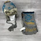 Fat Face Hand Knitted Hat And Scarf Mustard/blue/grey Brand New With Tags