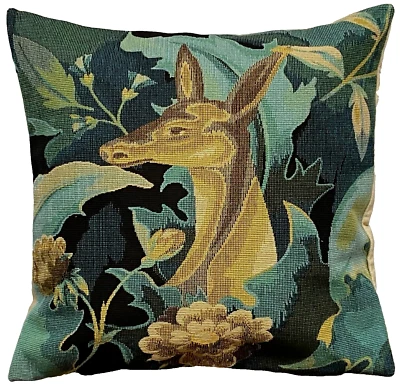 WM WILLIAM MORRIS DEER WITH FLOWER BELGIAN TAPESTRY CUSHION PILLOW COVER + ZIP - Image 1 of 4