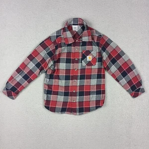 Carhartt Flannel Shirt Youth Boy Size Medium 10-12 Red Plaid Button Front Cotton - Picture 1 of 10