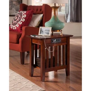 AFI Side Table 22" x 22" x 14" Solid Wood Rectangle Walnut w/ Charging Station - Picture 1 of 7