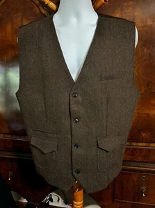 Paul Jones Men's XL Wool Blend Waistcoat Tweed Vest Brown Herringbone 3 Pockets - Picture 1 of 12