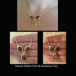 BALTIC HONEY or MULTICOLOR AMBER & STERLING SILVER 3-STONE NECKLACE CHOKER  - Picture 1 of 7